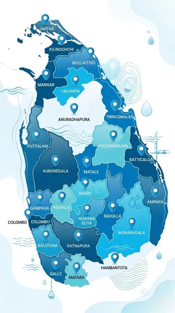 Service coverage map for Tubewell.lk highlighting tube well drilling availability in Colombo, Gampaha, Kurunegala, Kandy, and islandwide Sri Lanka.
