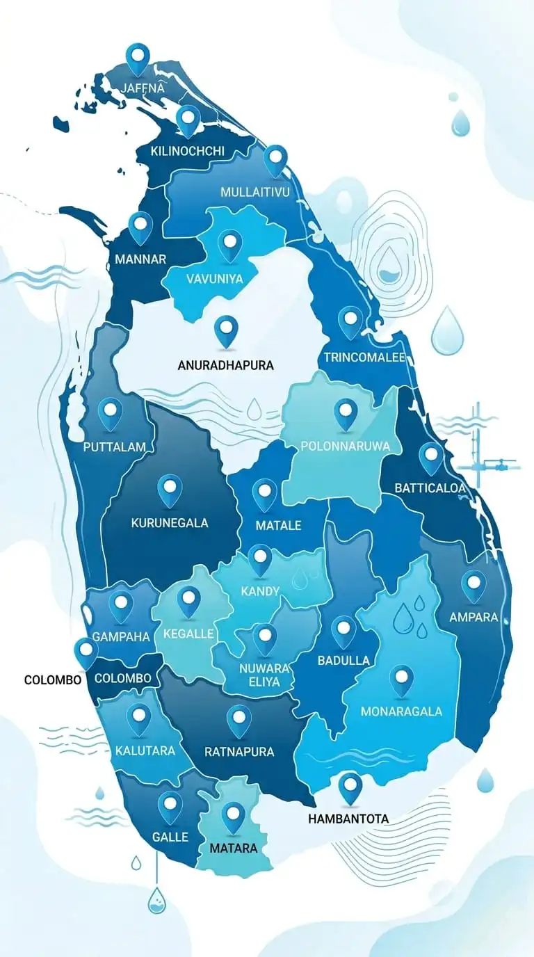 Service coverage map for Tubewell.lk highlighting tube well drilling availability in Colombo, Gampaha, Kurunegala, Kandy, and islandwide Sri Lanka.